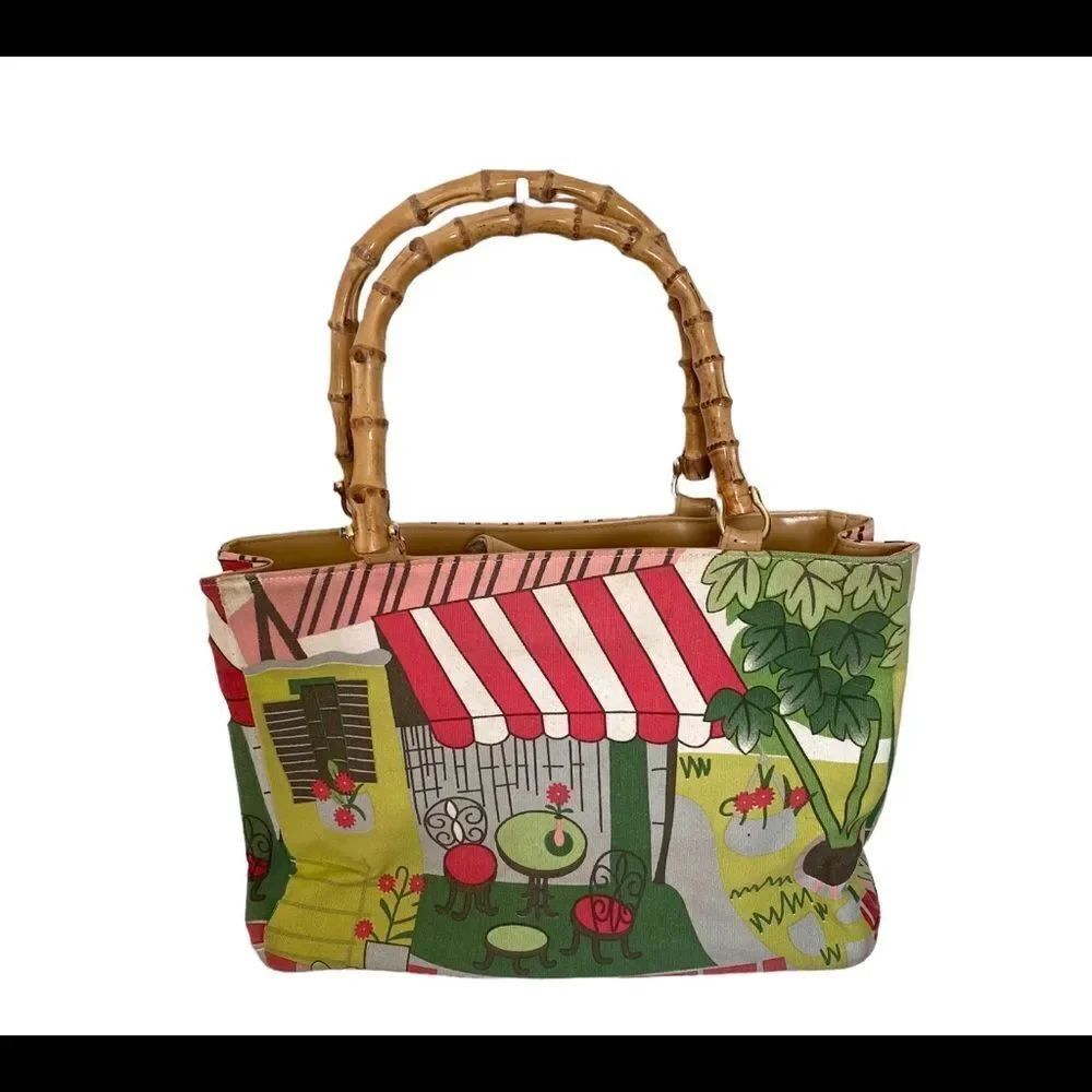 Vintage 80’s Paris Cafe Sequin Beaded Bamboo Handle Tote Bag
